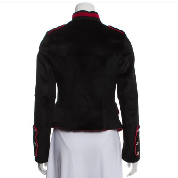 ❌❌ JOCELYN Rabbit Fur Zip Jacket Black Red Military S - Picture 3 of 3